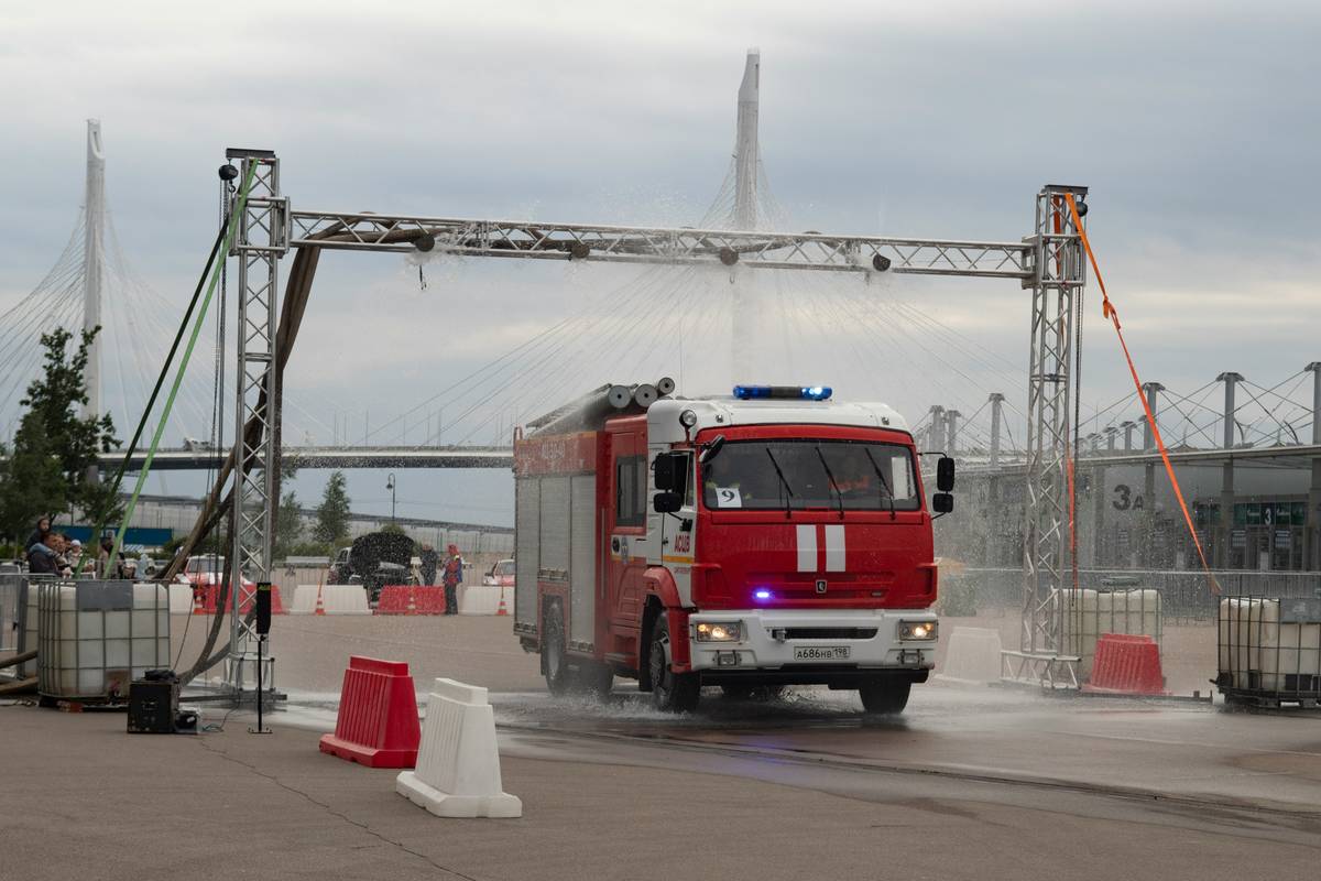 Fire truck driving through a car wash